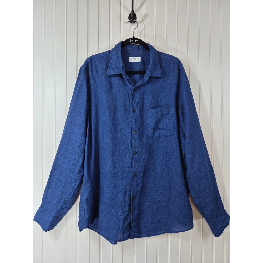 Uniqlo Mens XL Premium 100% Linen Long Sleeve Button Down 
Shirt Blue Casual